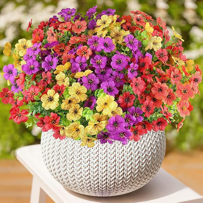 AmyHomie 16 Bundles Artificial Flowers for Outdoor Outside Spring Summer Decoration UV Resistant Faux Flowers No Fade Fake Plastic Plants Garden Porch Window Box Decorating