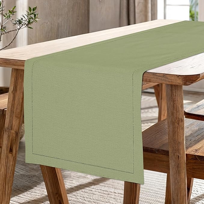 Ruvanti Linen Table Runner 108 Inches, Classic Hemstitch, Washable, Reusable, Non-Slipping, Stain Resistant- Perfect for Parties, Weddings, Dinners, Thanksgiving, Christmas, Indoor use – Olive