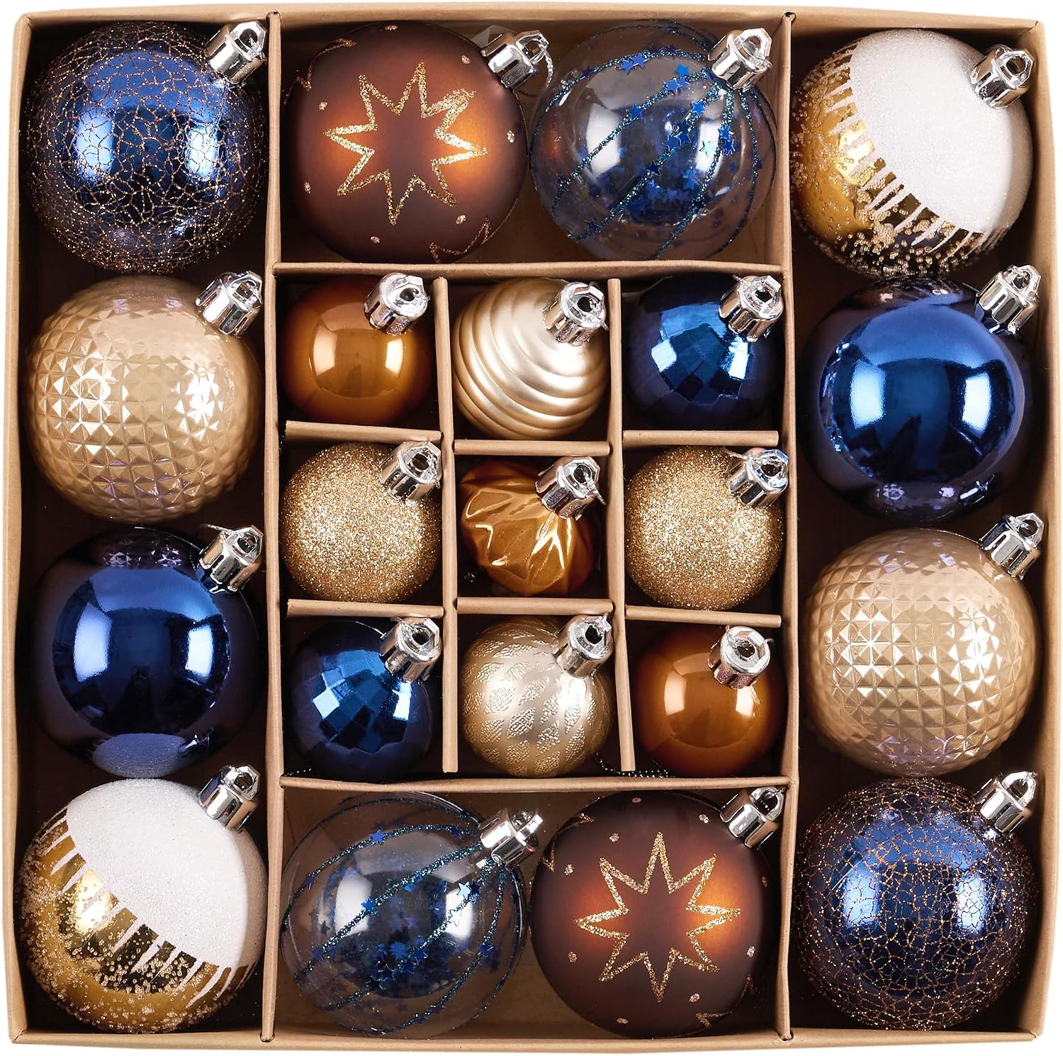 DecorbyHannah Christmas Ornaments Set, 21ct Blue Copper Gold Ornaments for Christmas Tree Decorations, Celestial Shatterproof Plastic Decorative Hanging Ball Bulk for Xmas Holiday Indoor Party Decor