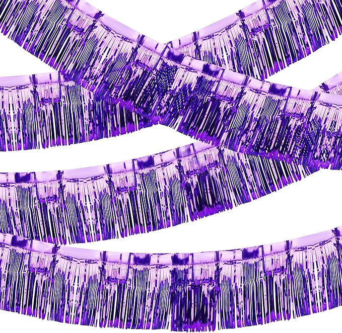 4 Pack Iridescent Fringe Float Curtain, Metallic Foil Fringe Garland Wall Hanging Drapes Tassel Foil Float for Parade Float Trailer, Birthday Holiday Outdoor/Indoor Party Decoration (Purple)