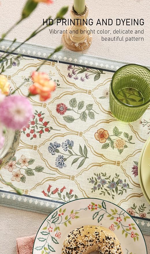 ISAENNE Designer Vintage Elegant Linen Table Runner 118 Inches Extra Long,Colorful Wildflower Pattern Runner,Decor Table Runners for Dining Tables,Thanksgiving,Christmas,12"*118"-Serenity B