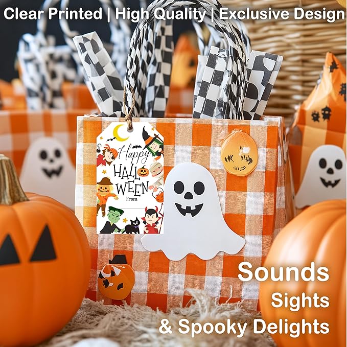 50 Pcs Halloween Tags with String, 2.1"×3.5" Pumpkin Paper Gifts Tags, Ghost Trick or Treat for Candy, Black Cat Happy Halloween Gifts Tag Wrap for Party Favor - B02