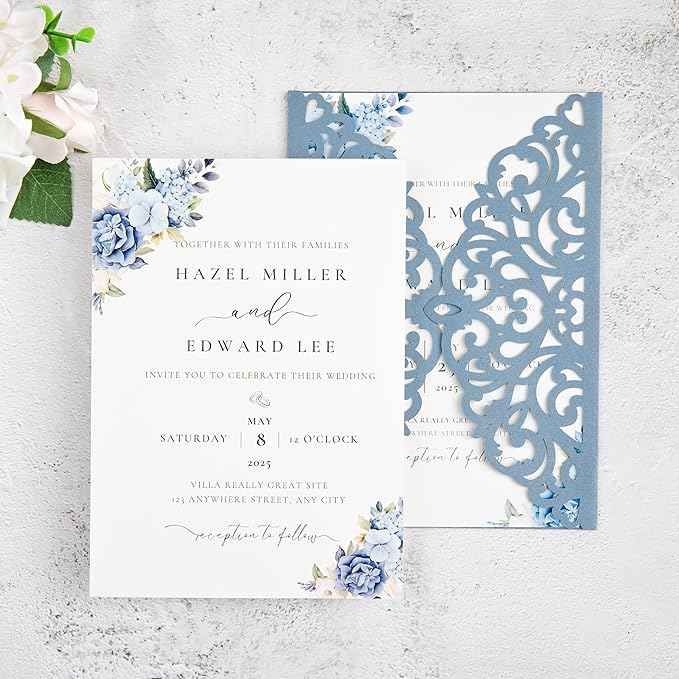 20Pcs Dusty Blue Laser Cut Invitation Cards With Blank Inner Sheets for Wedding Cards Bridal Shower Engagement Quinceanera Invitation (No Envelopes)