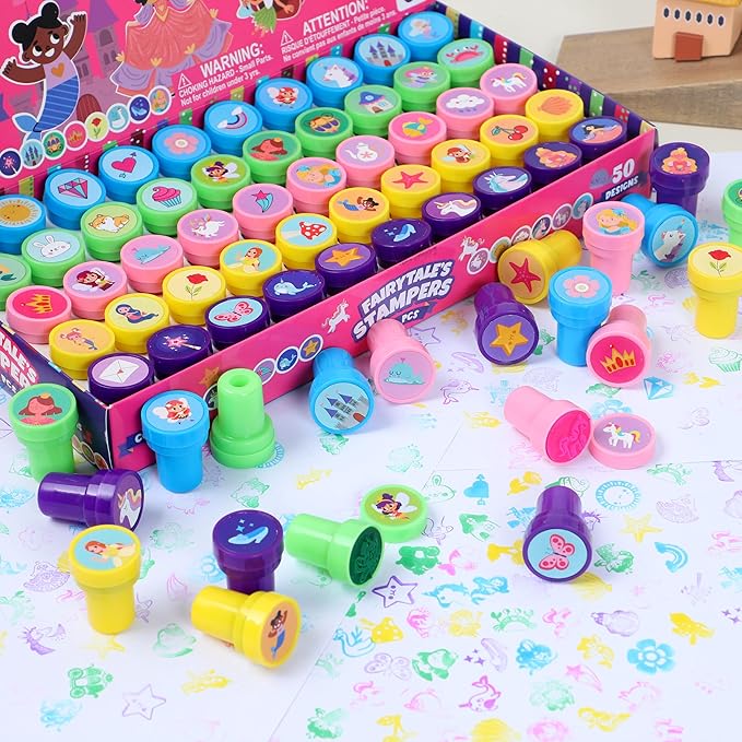 JOYIN 50 Pcs FairyTale's Themed Stamps for Kids - Self-Ink Stamps with 50 Designs for Birthday Party Favor, Carnival Prizes, Goodie Bag, Halloween, Christmas (Mermaid, Princess, Unicorn Stampers)