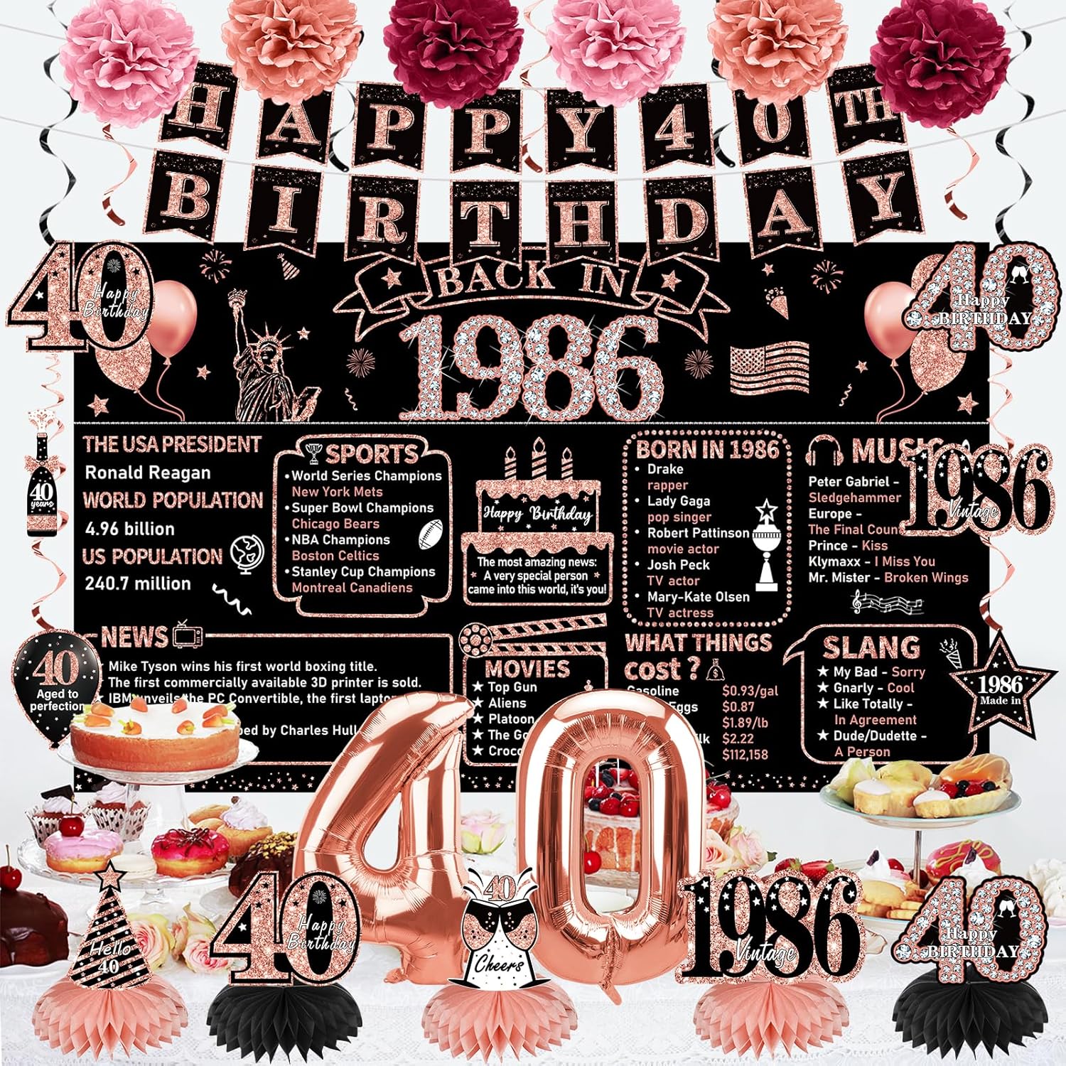 Zirtorei 40th Birthday Decorations for Women, 21pcs the Year 1986 Banner Balloon Party Supplies, Rose Gold 40 Year Old Birthday Backdrop, 40 Bday Honeycomb Centerpiece Hanging Swirls Sash Gifts