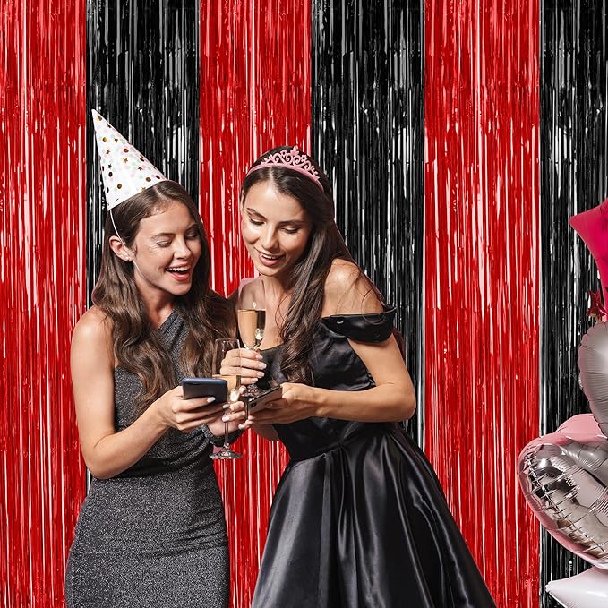 8 Pack Halloween Party Supplies, 3.28 FT x 7.05 FT Red and Black Foil Streamer, Metallic Fringe Curtains Tinsel Backdrop Party Streamer, Hanging Halloween Decorations Casino Party Decor