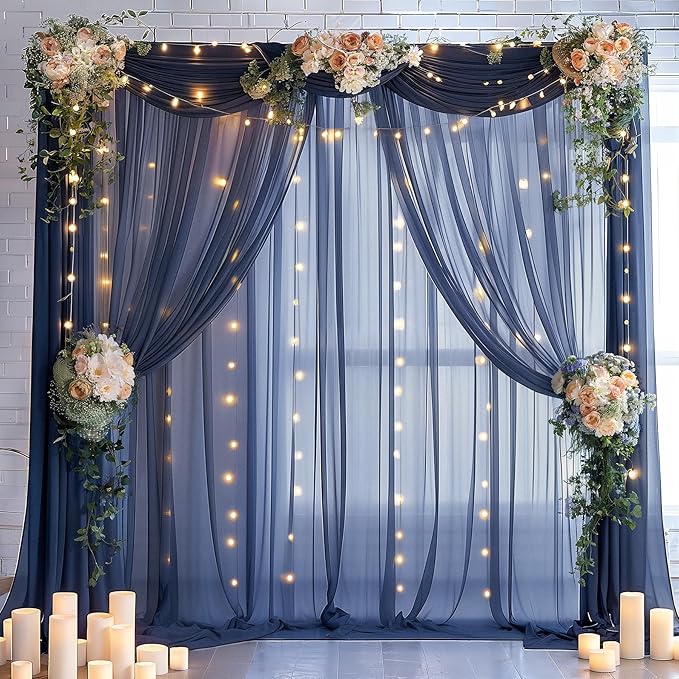 20×10ft Navy Blue Tulle Backdrop Curtain with Lights String for Parties, Sheer Photo Backdrop Curtains for Wedding Party Photography Background
