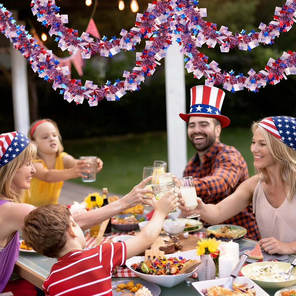 50FT Fourth of July Decorations Red White Blue Star American Flag Tinsel Garland, Glitter Patriotic Garland for Independence Day Memorial Day Decor Indoor Outdoor Patriotic Decor Party Home Classroom