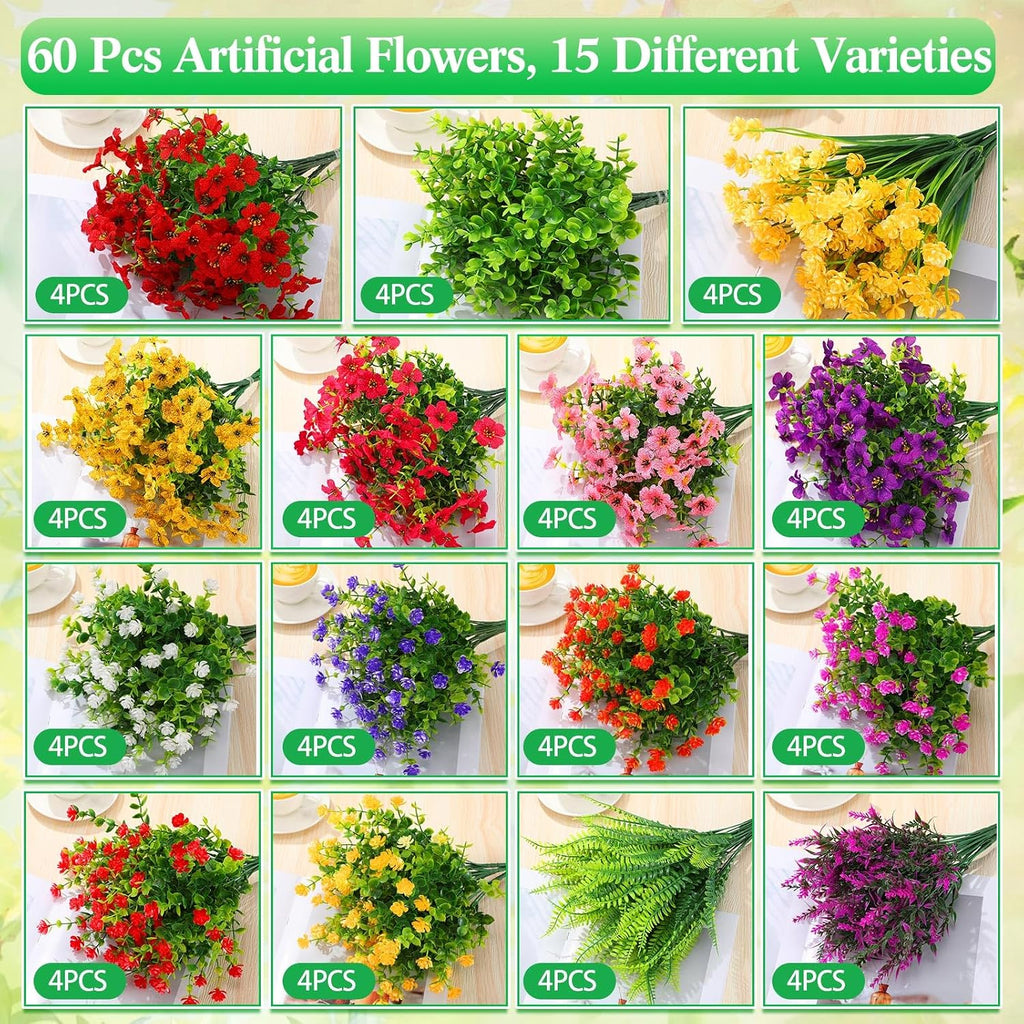 thiccywoov 60 bundles outdoor artificial fall flowers bulk,spring,colorful, close-up detail