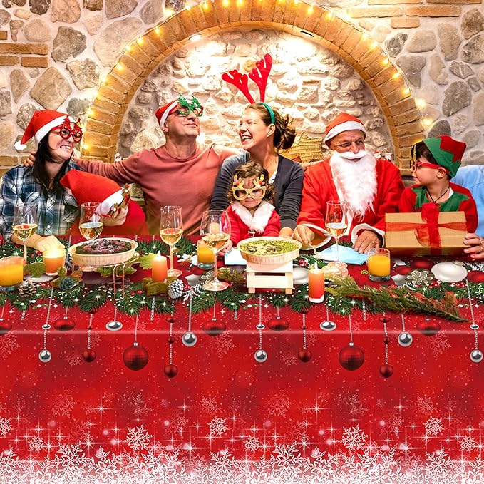 12Pieces Merry Christmas Tablecloth Plastic Christmas Tree Ball Table Cover Rectangle Winter Snowflake Tablecloth for Merry Christmas Holiday New Year Eve Party Decorations Supplies,54x108inch