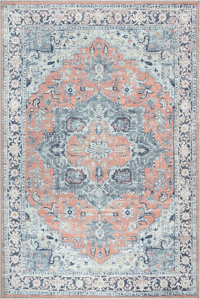 Bloom Rugs Washable Non-Slip 4' x 6' Rug - Coral/Blue Traditional Medallion Area Rug for Living Room, Bedroom, Dining Room, and Kitchen - Exact Size: 4' x 6'
