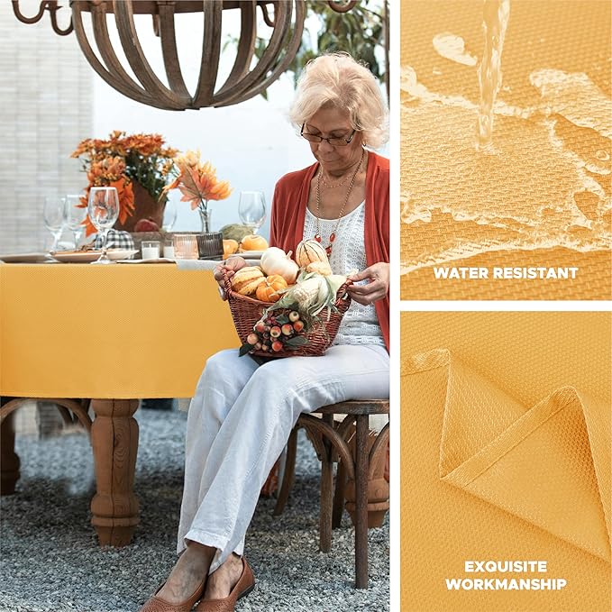 Biscaynebay Fall Tablecloth Textured Fabric 90x132 Inch Rectangular, Fall Gold Thanksgiving Autumn Harvest Water Resistant Fabric Tablecloths for Kitchen, Dining, Wedding, Parties Machine Washable