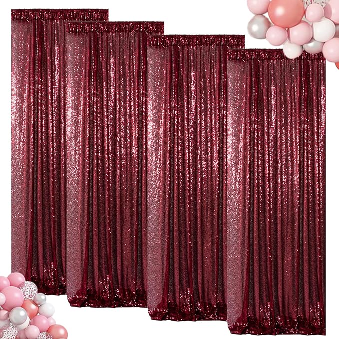 ShinyBeauty Sequin Curtains Panels Burgundy Backdrop Curtain 4 Pieces Photobooth Shimmer Background Glitter Fabric Maroon Christmas Backdrops Party Birthday Wedding Decor (2Ftx8Ft)