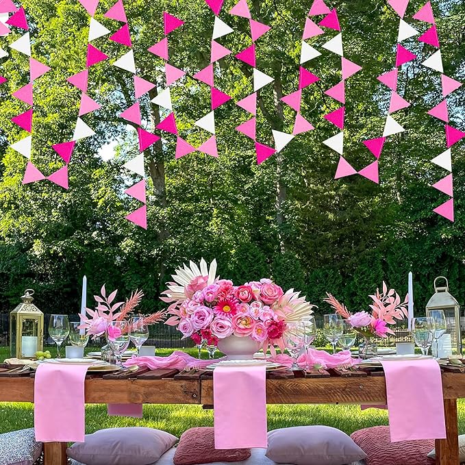Hot Pink Party Decorations - Ombre Rose Pink Felt Hanging Triangle Mini Bunting Pennant Banner Flag for Birthday, Wedding, Baby Shower, Bridal Shower, Bachelorette, Girl Party, Classroom