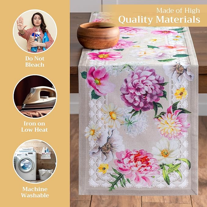 Maison d' Hermine Table Runner 100% Cotton Single Layer Table Runners 108 inches Long Decorative for Home Kitchen Dining Party Baby Shower Wedding Bridal Shower Spring Summer (Pivoine, 14.50" x 108")