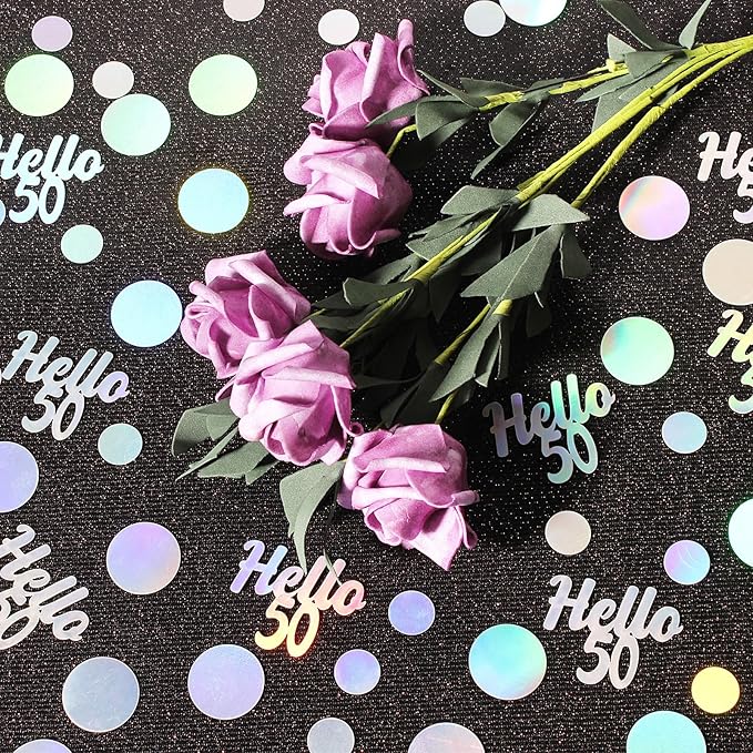 Hello 50 Birthday Confetti for Table Iridescent Circle Happy 50th Birthday Party Decorations for Women Fifty Years Old Birthday Tables Scatter Party Confetti Wedding Anniversary Decor 300PC