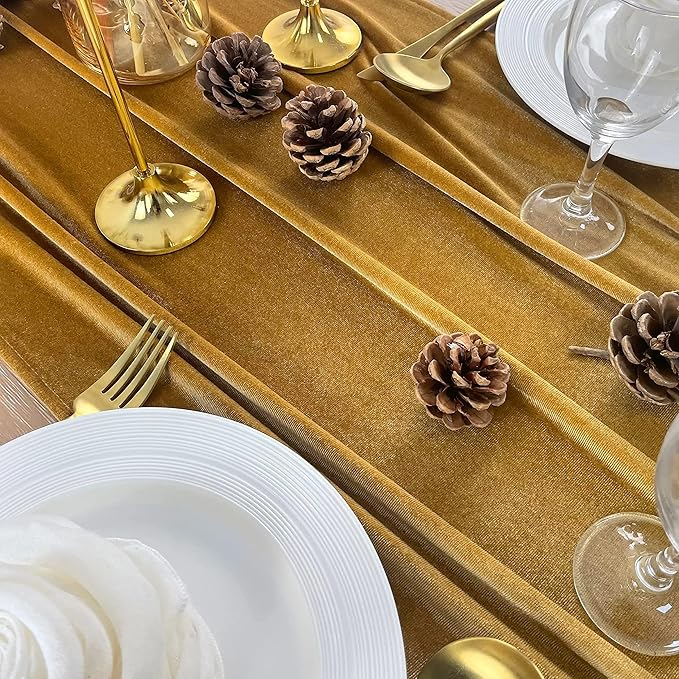 Velvet Table Runner, 5 Pack Luxurious Wedding Reception Decorations Soft Velvet Fabric Table Linen Overlay for Party (20 x 120 inch, Gold)
