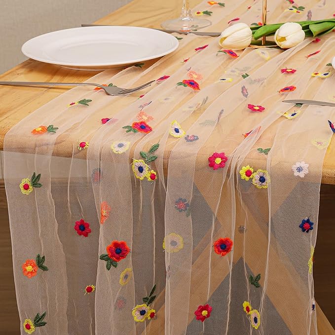 BINBE 3pcs Champagne Daisy Fall Table Runner Embroidery Gauze 10FT Florals Seasonal Tulle Holiday Birthday Kitchen Dining Table Decor for Home Party