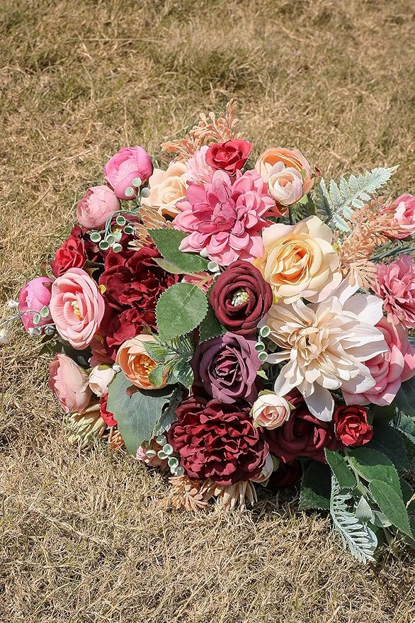 Serra Flora Artificial Flowers Combo Box Set Faux Flowers Bulk Flower Leaf with Stems for DIY Wedding Bouquets Centerpieces Baby Shower Party Home Decorations- (Burgundy Pink)