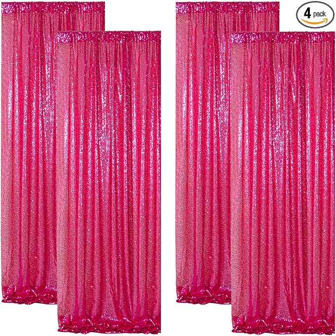 ShinyBeauty Sequin Curtains Hot Pink 2FTx8FT 4 Panels Sequin Photo Backdrop Shimmer Backdrop Fuchsia Glitter Curtains for Shower Sequins Backdrop Background