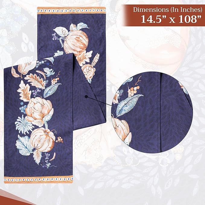 Maison d' Hermine Table Runner 100% Cotton Double Layer Table Runners 108 inches Long for Thanksgiving Christmas Decorations Home Kitchen Dining Party Wedding (Pumpkin Blues, 14.5" x 108")