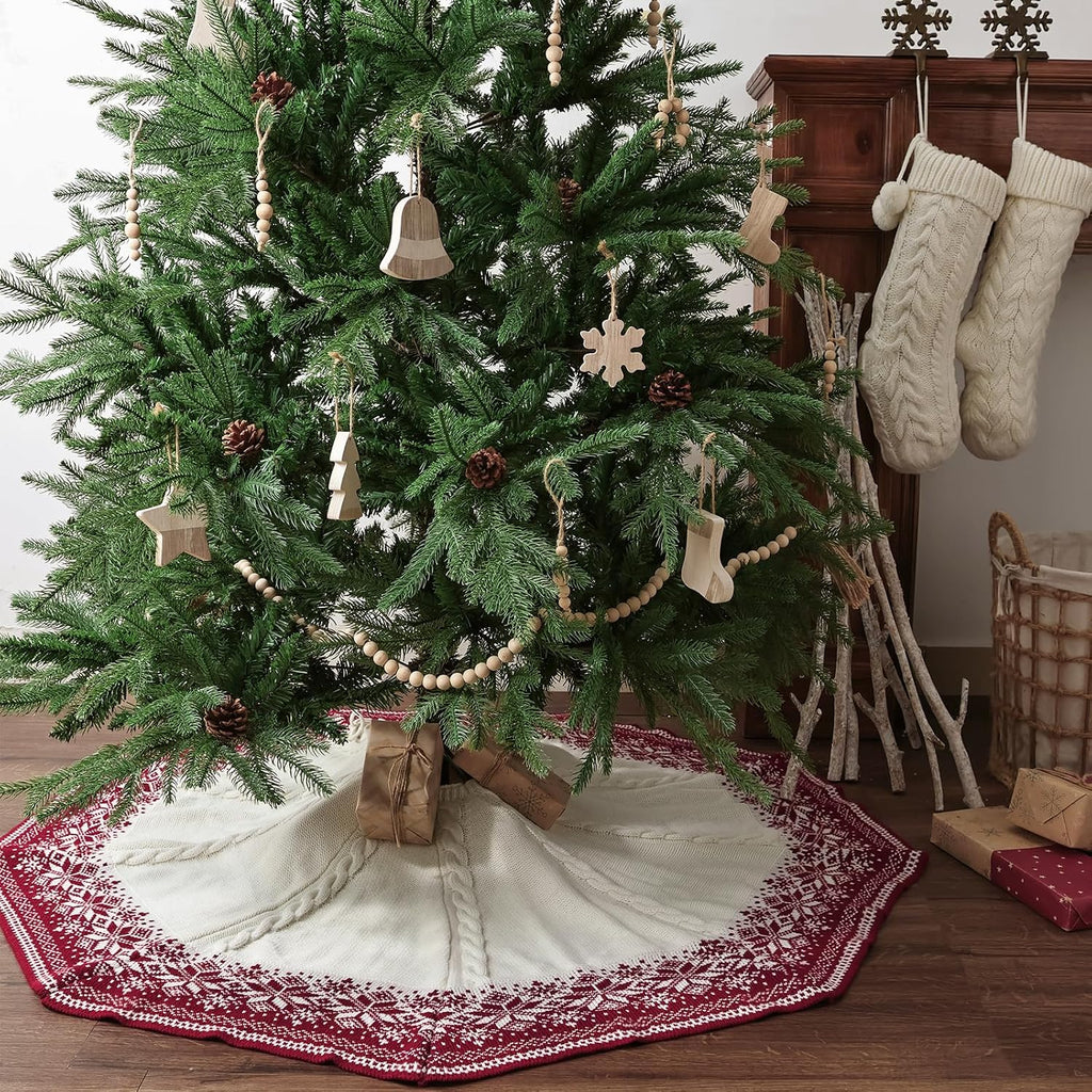 48 inch Christmas Tree Skirt: Cable Knit Tree Skirt with Red White Snowflake Polygon Edge, Tree Skirt for 7.5ft Tree, Vintage Tree Skirts, Rustic Farmhouse Christmas Decorations