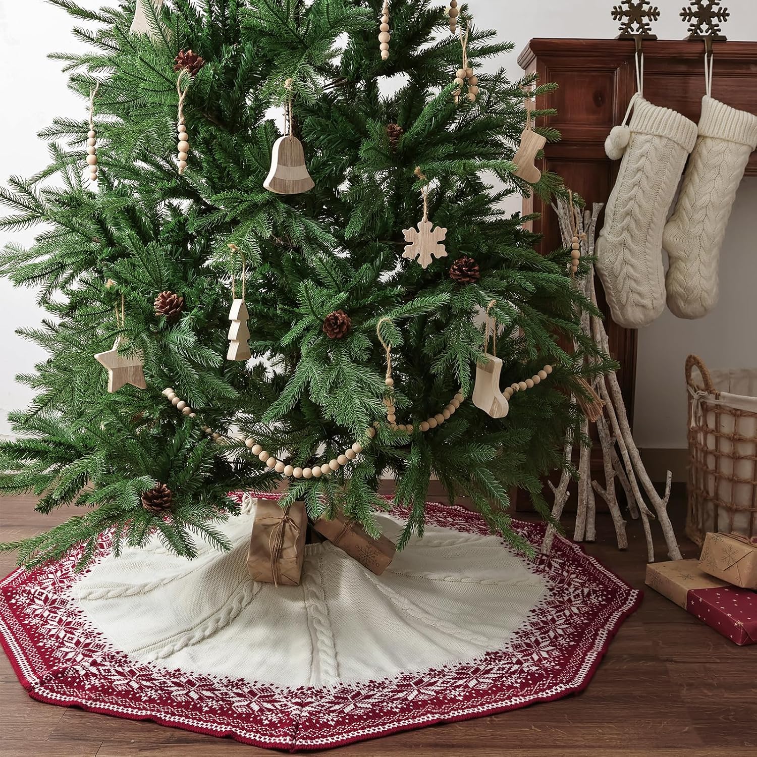 48 inch Christmas Tree Skirt: Cable Knit Tree Skirt with Red White Snowflake Polygon Edge, Tree Skirt for 7.5ft Tree, Vintage Tree Skirts, Rustic Farmhouse Christmas Decorations