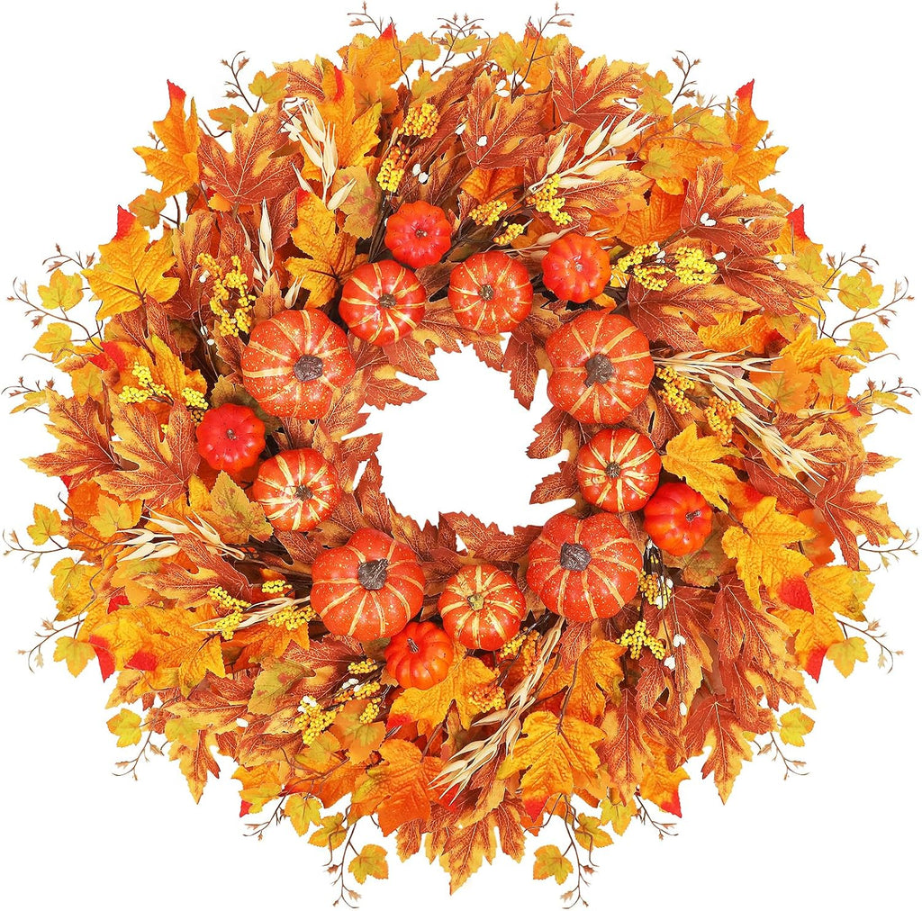 28 inch fall wreath for front door, pumpkins, main product view