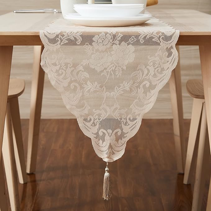 LinenZone Linen Table Runner with 2 Tassels for Rustic Vintage Decor. Lace Table Runner Works Great As Wedding, Thanksgiving or Christmas Decor. (Mia 14 x 96, Linen)