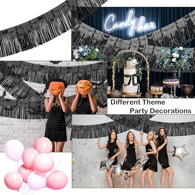 4 Pack Black Float Fringe Curtains, Metallic Foil Fringe Garland Shiny Tassel Foil Parade Float Decorations for Trailer Car Graduation Homecoming Outdoor Indoor Party