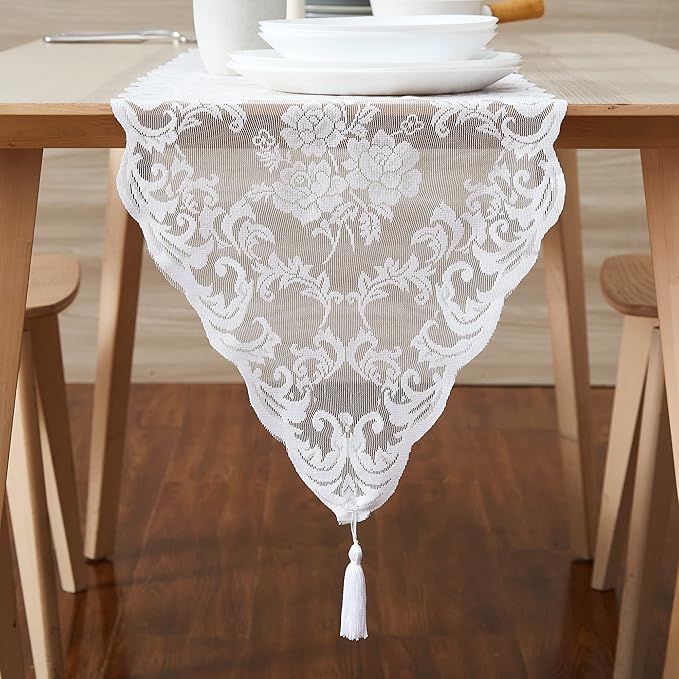 LinenZone White Table Runner with 2 Tassels for Rustic Vintage Decor. Lace Table Runner Works Great As Wedding, Thanksgiving, Christmas Decor(Mia 14 x 48, White)