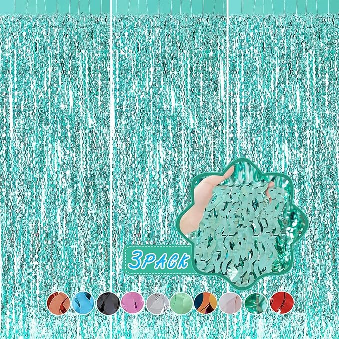 3 Pack Teal Aqua Blue Wave Foil Curtains - 3.3 ft x 6.6 ft Tinsel Metallic Streamers for Photo Booth Birthday Wedding Girl Princess Bachelorette Euphoria Theme Party Decorations