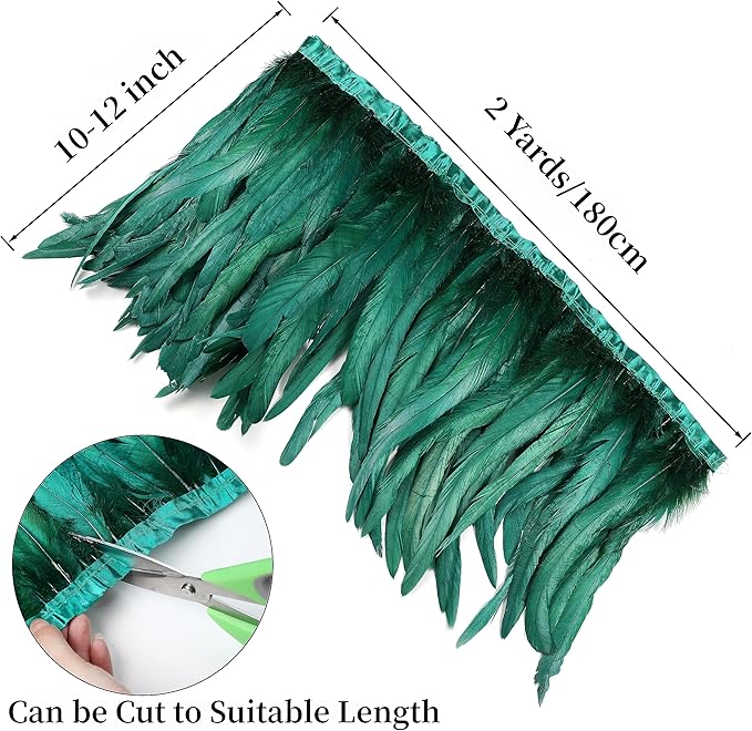 Holmgren Dark Green Rooster Feather Trim - 10-12inch 2 Yards Natural Large Rooster Tail Feathers Fringe Trim for DIY Sewing Crafts, Feather Cape Shawl, Wings, Party Costumes Decoration (Dark Green)