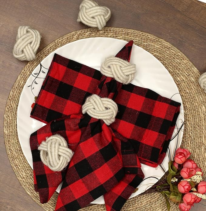 Farmhouse Napkin Ring Set of 12 - Handwoven Cotton & Jute Knot Design for Table Decor, Weddings, Dinner Parties & Everyday Dining - Decorative Adornment for Table Setting (Off White) - CLEENTABLE