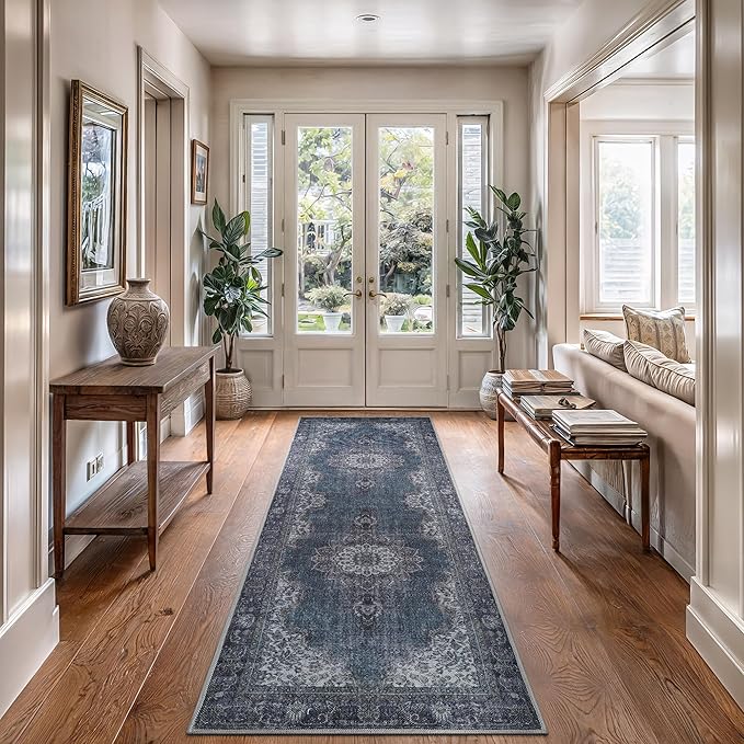 Bloom Rugs Washable Non-Slip 12 ft Runner - Dark Teal Traditional Medallion Runner for Entryway, Hallway, Bathroom, and Kitchen - Exact Size: 2.5' x 12'