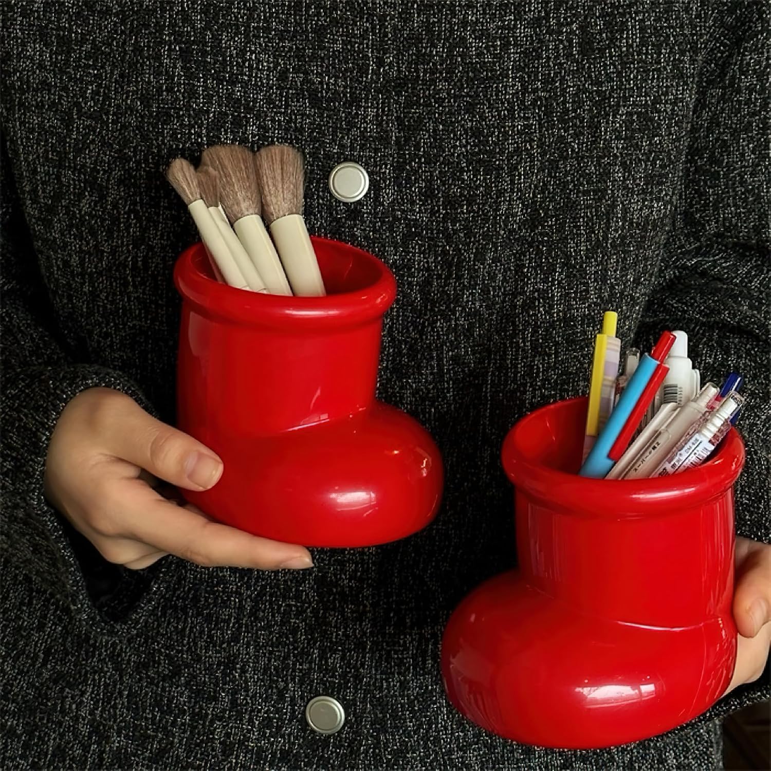 Red Boot Christmas Vase, Cute Pen and Pencil Holder for Desk, Small Desktop Marker Organizer and Storage Cup, Decorative Art Flowers Vase for Makeup Brushes and Pens Scissors
