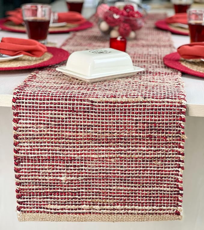 Chardin home Natural Jute Table Runner 13x108 Inch – Vintage Boho Rustic Table Decor – Handwoven Long Table Runner in Natural Jute and Red – Farmhouse Dining or Console Table Accent