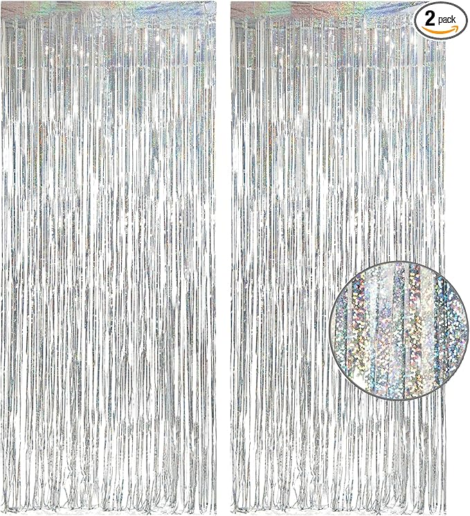 Silver Foil Fringe Tinsel Backdrop - GREATRIL Metallic Tinsel Streamers Curtains for 2026 NYE/Prom/Dancing Ball/Christmas/Bachelorette Party Decorations - Pack of 2