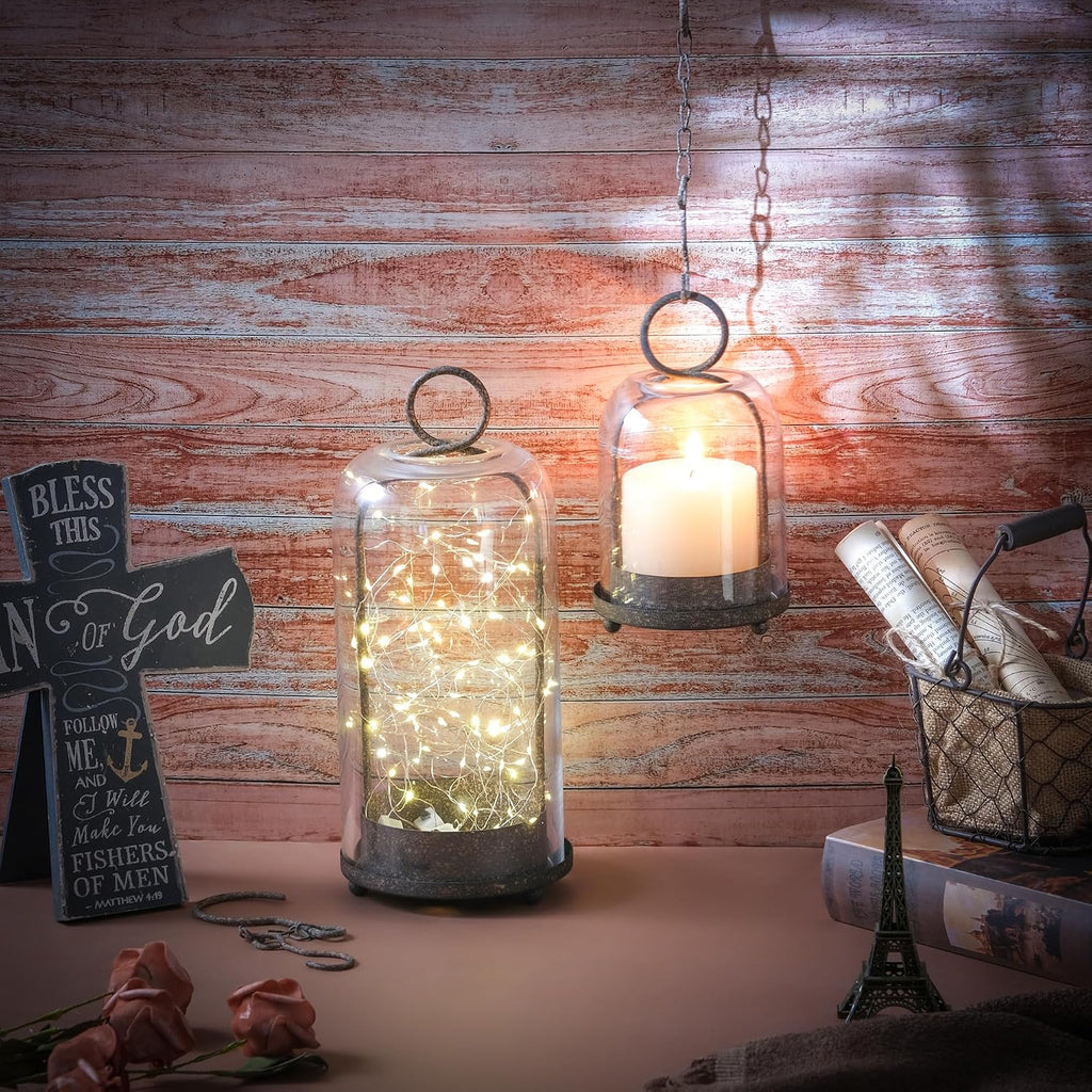 5" & 4" Wide Versatile Metal Candle Holder in Rustic Brown with Handmade Thick, Heavy & Sturdy Glass Dome for Pillar Candle, Industrial, Modern, Shelf, Mantel, Veranda, Porch