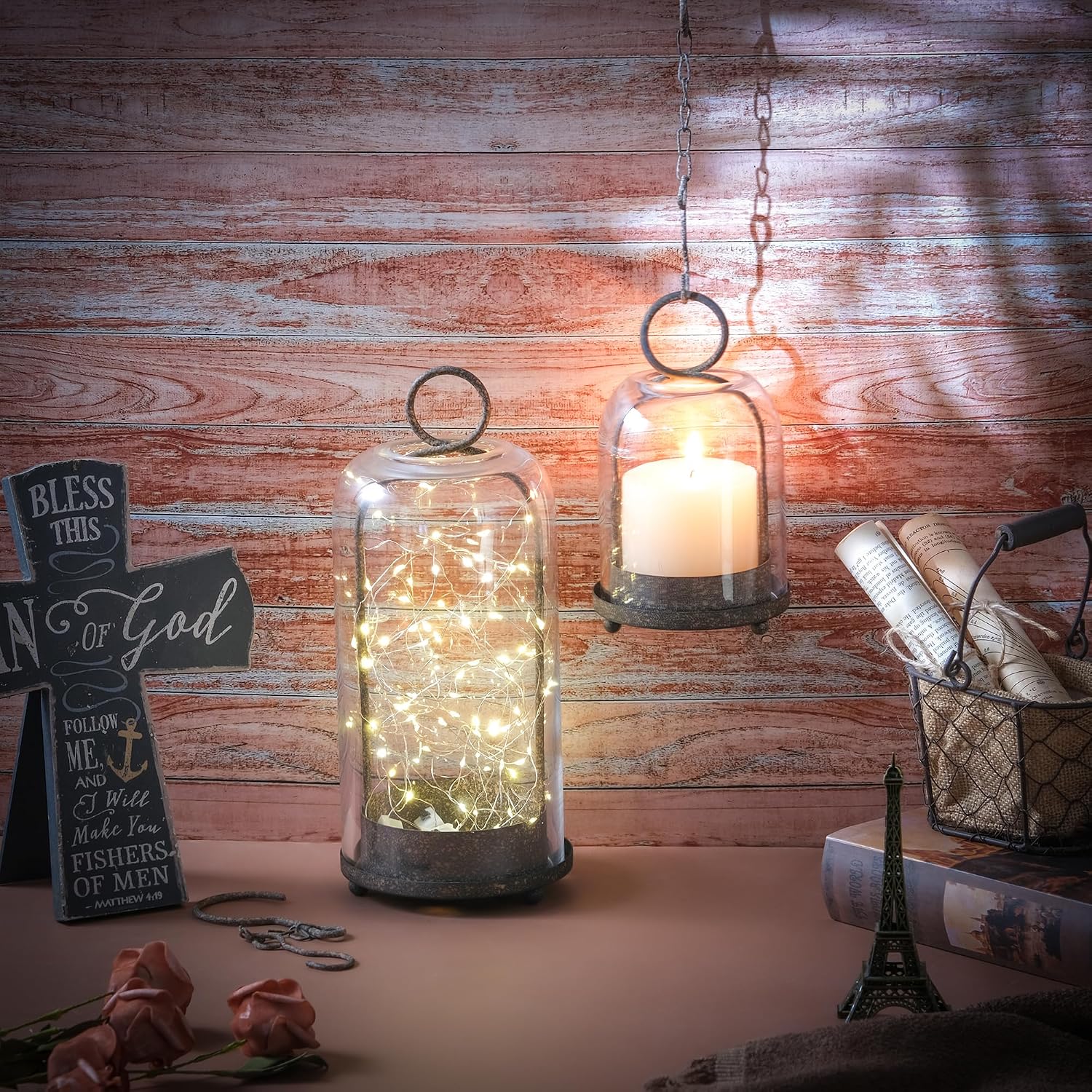 5" & 4" Wide Versatile Metal Candle Holder in Rustic Brown with Handmade Thick, Heavy & Sturdy Glass Dome for Pillar Candle, Industrial, Modern, Shelf, Mantel, Veranda, Porch