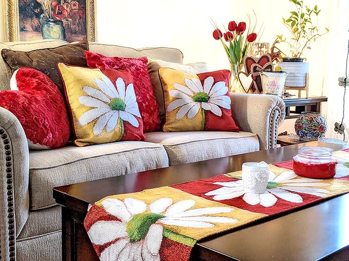 Tache Floral Colorful Yellow Red White Decorative Spring Daisy Flower Loves Me Not Woven Tapestry Long Kitchen Dining Table Runner 13x90