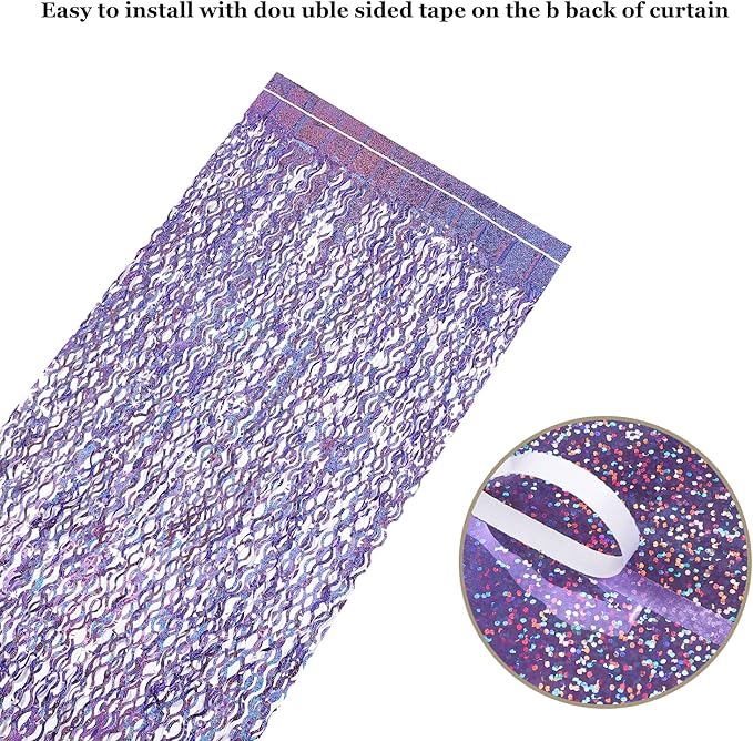 Purple Foil Fringe Curtains Party Decorations - CYLMFC 3 Pack 3.3 ft x 6.6 ft Foil Party Curtain for Hallowee Christmas Graduation Decor