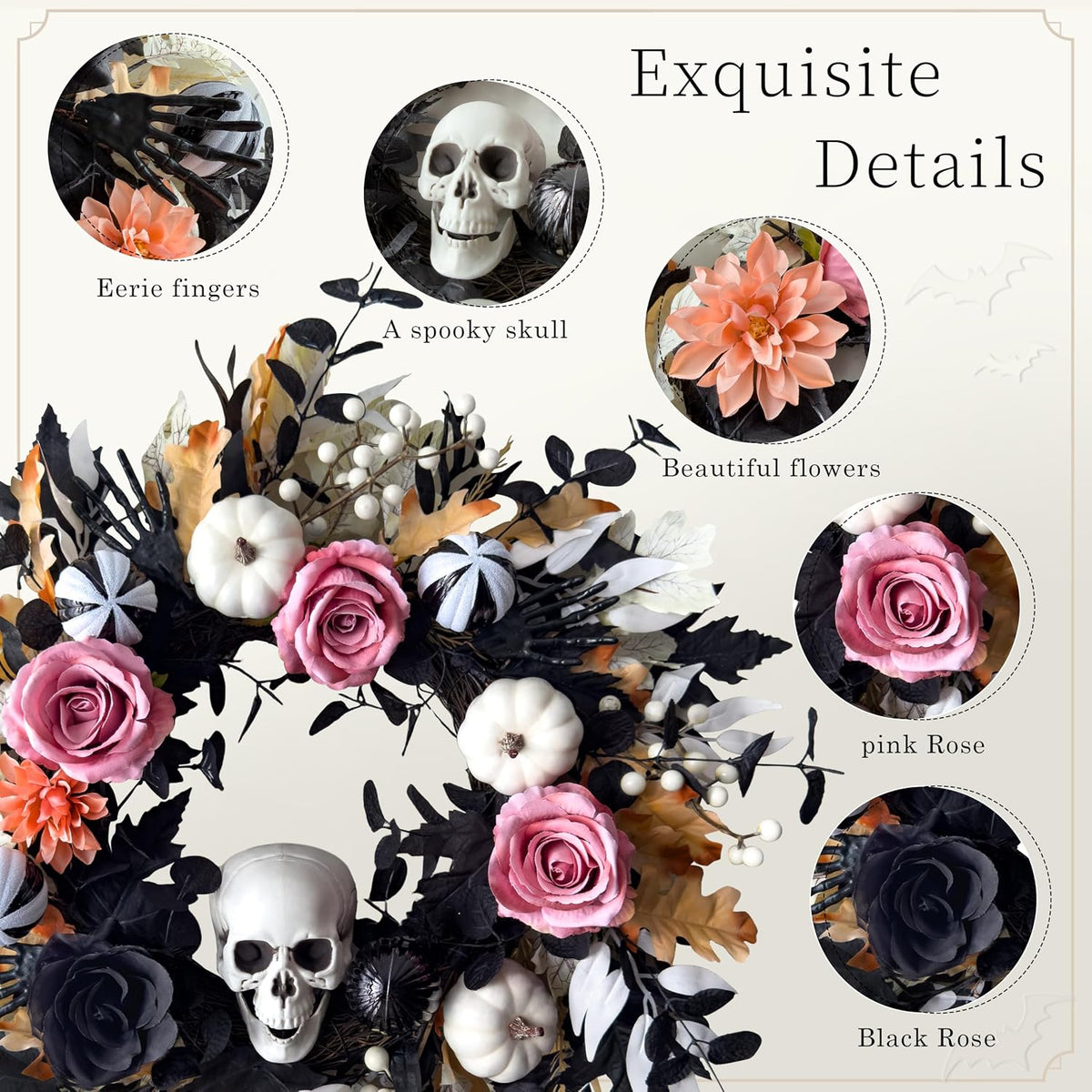 24'' Halloween Wreath for Front Door with Lights, Skeleton Skull