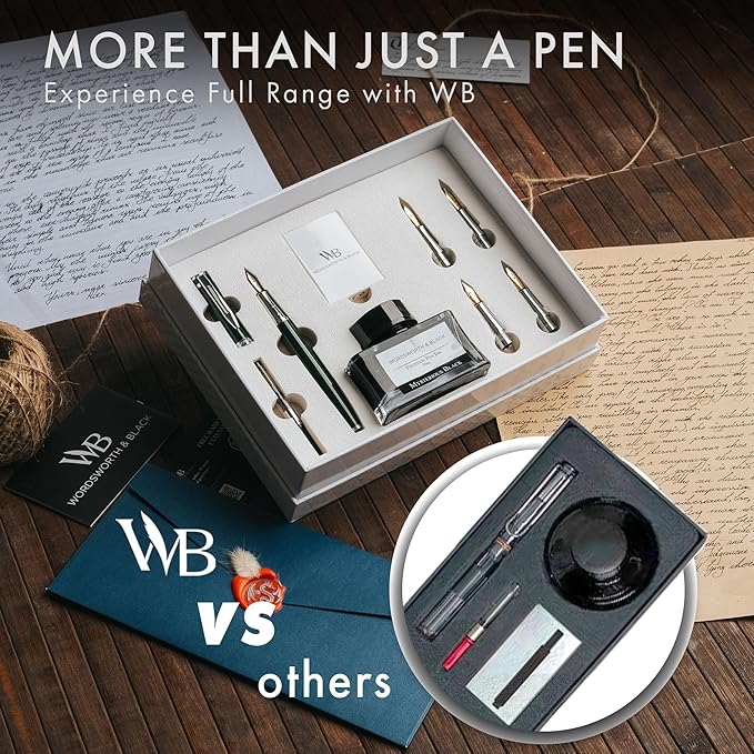 Wordsworth & Black Fountain Pen Gift Set, Includes Bottle, 6 Cartridges, Refill Converter, 4 Replacement Nibs, Premium Package, Journaling, Calligraphy, Smooth Writing Pens [Green Chrome]