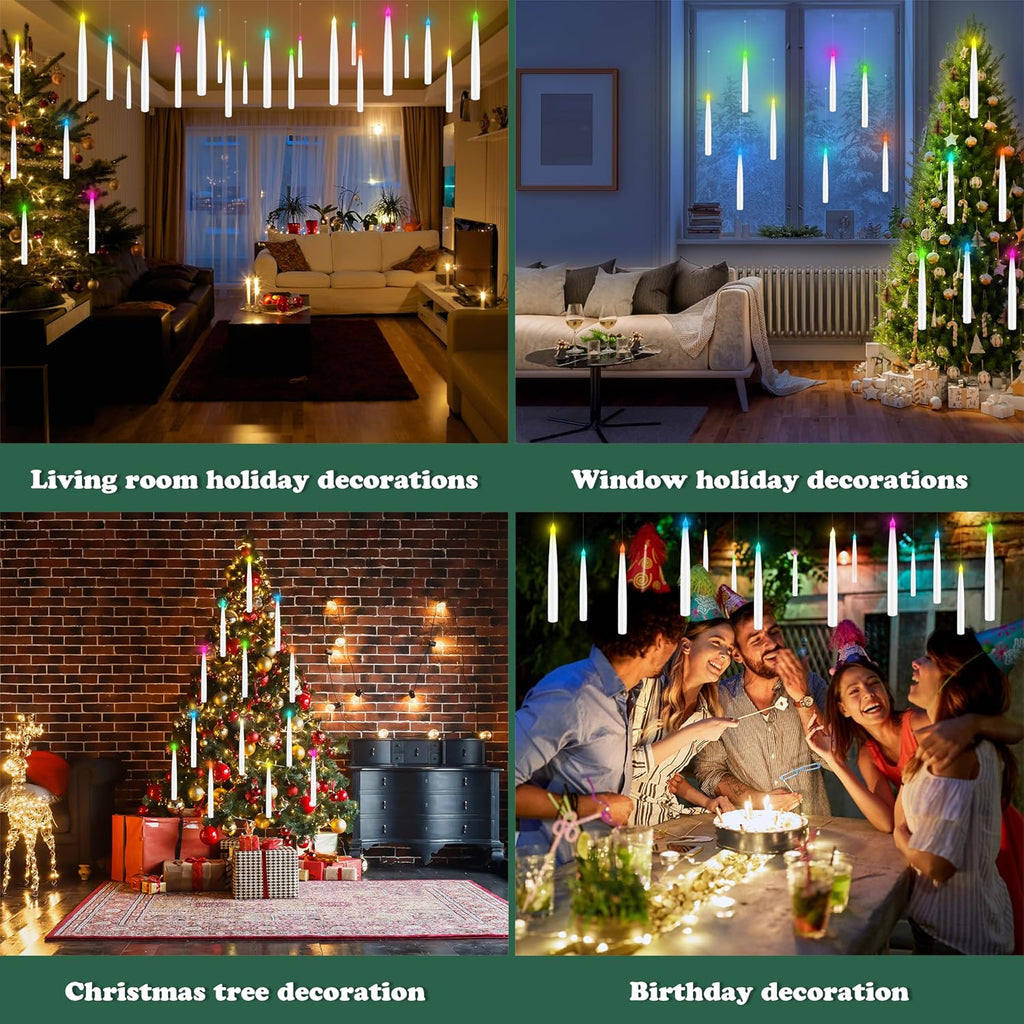 Color Changing Floating Candles with Magic Wand Remote, Holiday Decorations Magical Hanging Candles, 12Pcs Flameless Taper Candle with Multi-Color Battery Operated Window Candles for Party Theme Decor