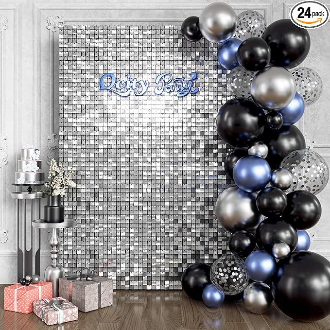 Qcity Silver Shimmer Wall Backdrop 24PCS, Black Back Not See-Through Design, Square Sequin Glitter Backdrop Panel, Perfect for Outdoor Events, Birthdays, Wedding and Party Decoration