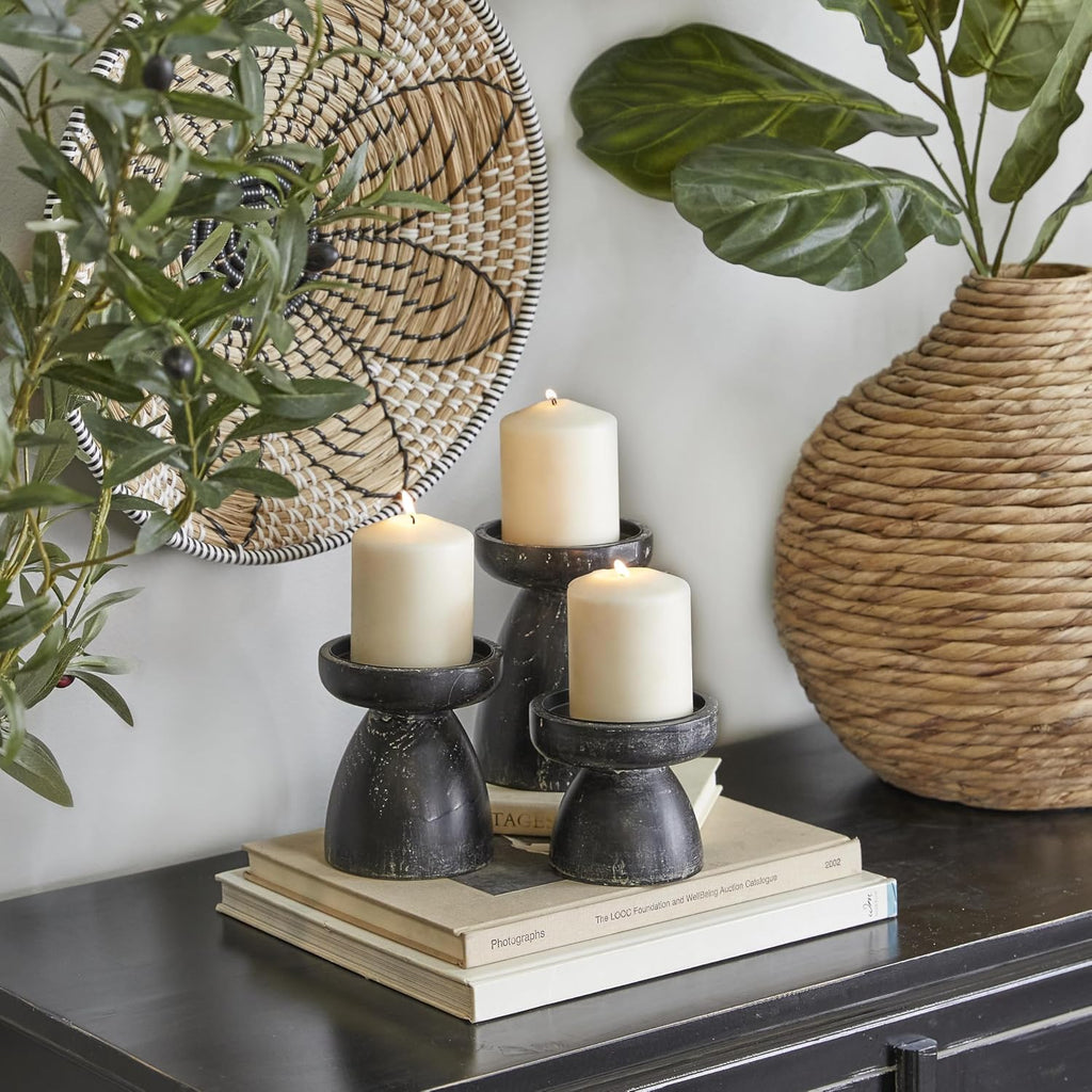 Deco 79 Wood Decorative Candle Holder Candle Stand, Set of 3 Candlestick Holder 6", 5", 4"H, Black