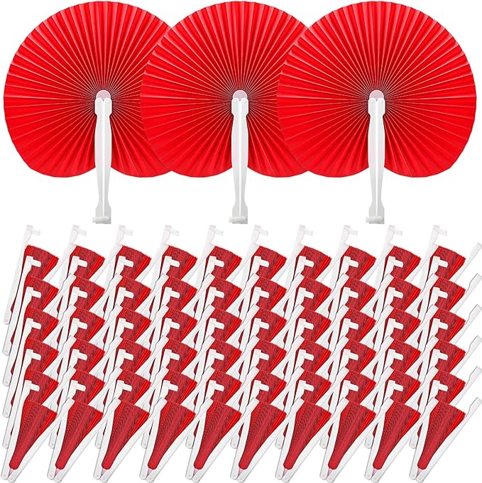 Handepo 200 Pieces Wedding Fans Folding Paper Fans Paper Fans Round Shaped Folding Fans Handheld Fan with Plastic Handle for Wedding Celebration Birthday Party Favor (Red)