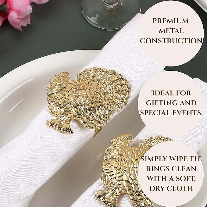 Set of 12 Turkey Napkin Rings for Thanksgiving Table Decor | Premium Metal Dinnerware Holders | Fall Harvest, Christmas & Holiday Banquet Accessories (Gold) - ALPHA Living HOME
