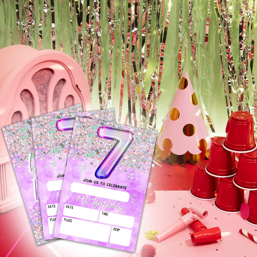 7Th Birthday Invitation Cards, Holographic Balloons Double-Sided Fill In Style Birthday Invites With Envelopes, Glitter Purple 7 Years Old Invitations For Girls, Teen, Party Favor & Supplies - A09